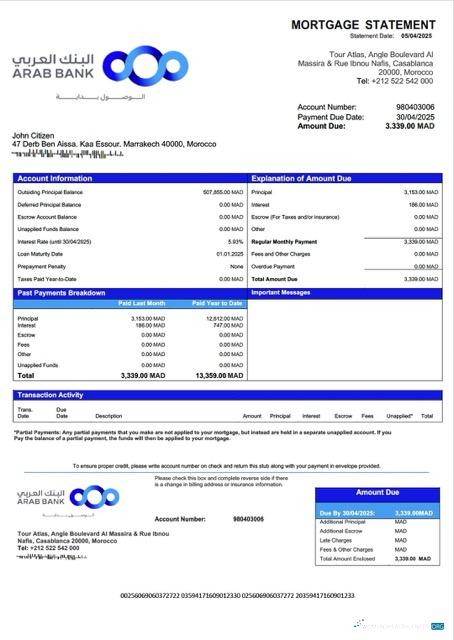 Download Morocco Arab Bank mortgage statement Word and PDF template Photoshop template